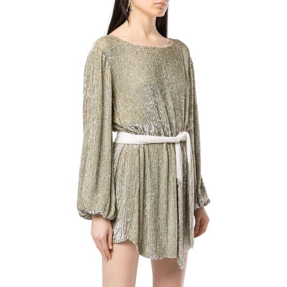 Retrofête Selma Champage Sequin Split Sleeve Keyhole Belted Robe Mini Dress - Picture 3 of 16